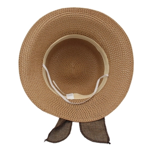 French style straw sun hat with brown ribbon bow and white elastic wind strap for women