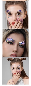 Macro detail of sparkling purple and blue rhinestone face stickers on a female model