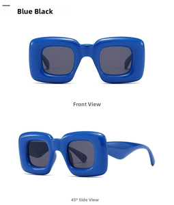 Close-up of futuristic thick square sunglasses in blue frame with dark lenses