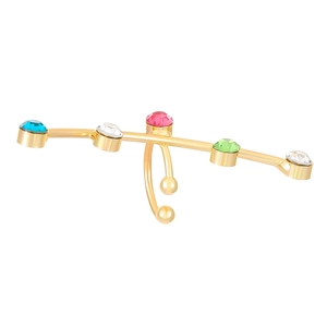 Detail of gold ear cuff featuring multicolored zircon stones and water drop tassel design