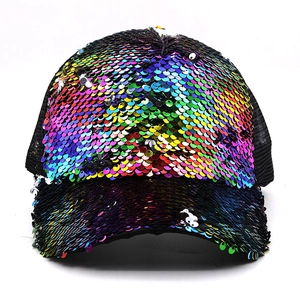 Colorful sequin baseball cap with breathable mesh back and iridescent reflective finish