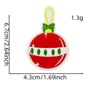 Detailed view of Christmas ball embroidery patch with measurements 6.7x4.3cm and 1.3g weight