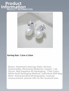 Detail view of water drop earrings with AAA zircon and pearl, dimensions 1.2cm by 2.0cm