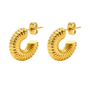 18K gold hollow C-shaped hoop earrings with croissant screw texture for women