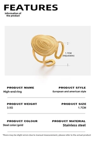Detail of 18K gold plated stainless steel oval ring showing textures and 3.5g weight info
