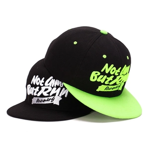 Flat brim snapback caps with Running embroidery in black and neon green streetwear style