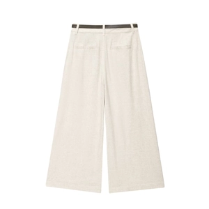 Detailed view of linen blend wide leg pants in oatmeal with a thin dark brown belt