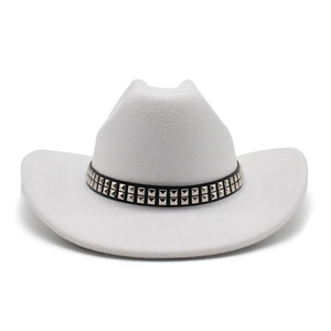 Western Cowboyhut Wollfilz Breiter Rand Fedora Mit Silbernem Quadratischem Nietband Punk-Stil Retro Unisex Hut
