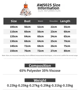 Size chart for girls Halloween witch pumpkin princess dress detailing bust and length
