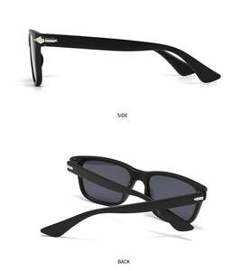 Side and back view of round sunglasses with black frames and metallic arrow hinges
