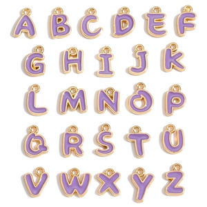Set of 26 purple enamel gold-plated alphabet charms for DIY jewelry making