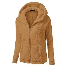 Detail of camel fleece hooded cardigan with zipper closure and warm textured fabric