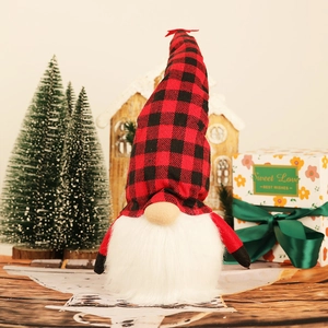 Christmas gnome doll with red and black plaid hat and white beard for home decor