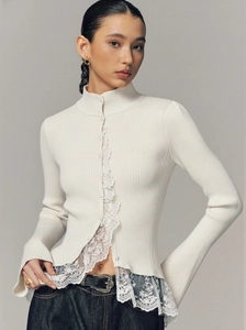 Slim fit white ribbed knit cardigan with elegant French lace trim and button detail