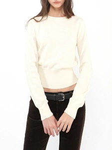 Slim fit cream white wool knit sweater with button detail and round neck for women