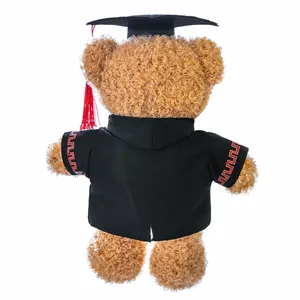 Back view of graduation teddy bear plush toy with customized black gown and mortarboard cap