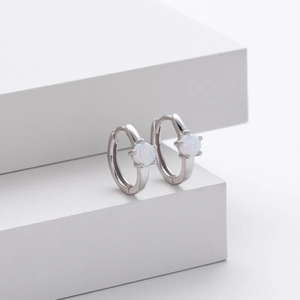 Minimalist S925 sterling silver hoop earrings with round white opal stone inlay