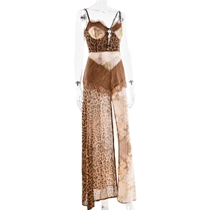 Detail of sexy leopard and floral print dress with lace trim and high side slit
