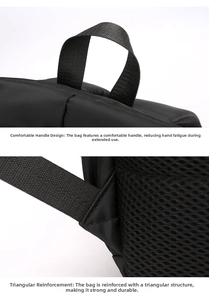 Detail of the reinforced handle and triangular stitching on the black business backpack