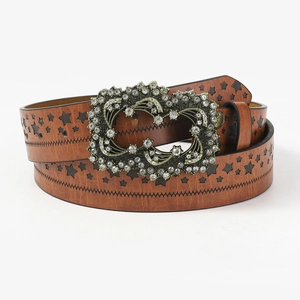 Brown leather punk belt featuring star cutouts and a large rhinestone heart buckle