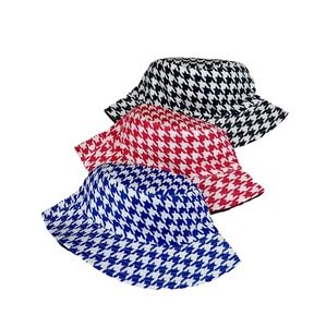 Classic houndstooth bucket hats in black, red, and blue colors with wide brim for sun protection