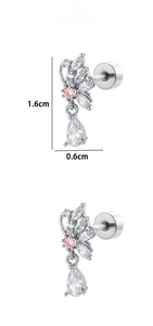 Detailed view of butterfly cartilage stud with pink zircons and 1.6cm size markers