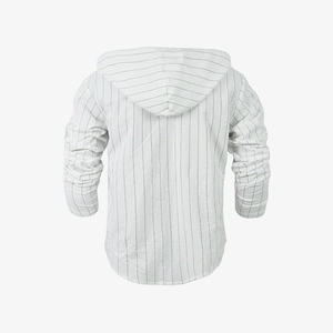 Rear view of striped hooded long sleeve shirt showing fabric texture and hoodie design