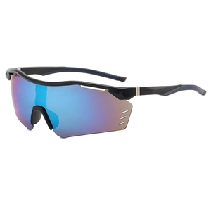 Blue cycling sunglasses with black sport frame shown from a 45-degree angle