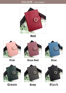 Detail view of colorful short tri-fold wallets with lychee texture and gold buckles