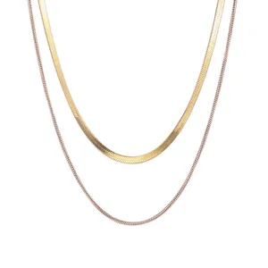 Double Layer Snake Bone Chain Necklace Stainless Steel Flat Herringbone Round Snake Chain Fashion Retro Jewelry Women