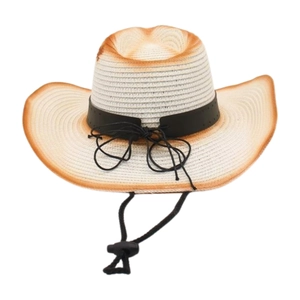Detail of straw cowboy hat featuring burnt orange edges and black adjustable wind rope