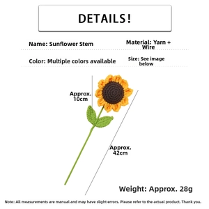 Macro detail of hand-knitted sunflower with 42cm length and 10cm flower diameter