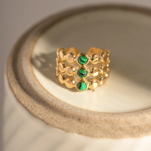 Adjustable 18K gold-plated ring featuring three round green malachite stones in tiered style