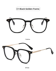 Close-up of black and gold square optical frames showing front and 45-degree side views