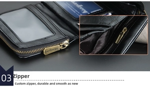 Close-up of black PU leather wallet interior showing card slots and smooth bronze zipper