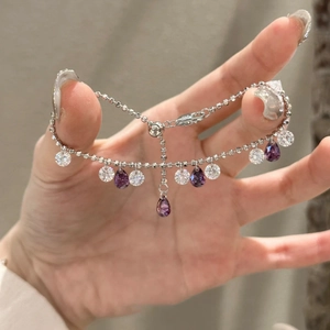 Elegant Copper Zircon Bracelet Water Drop Tassel Starry Sky Design Purple Clear Stones Jewelry For Women