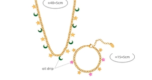 Detail of star and moon jewelry set with green oil drip charms and length dimensions