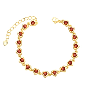 Minimalist gold bracelet with red heart shaped zircon gemstones and extension chain