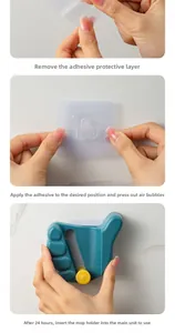 Wall-mounted mop holder installation guide showing adhesive backing and hook steps