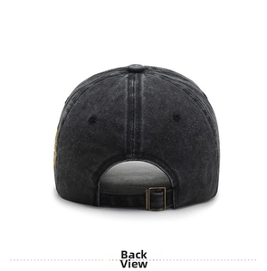 Detail of vintage washed grey denim baseball cap with adjustable brass metal buckle