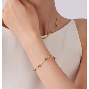 Baguette Cubic Zirconia Stainless Steel Bracelet Gold Plated Snake Chain Geometric Elegant Minimalist Jewelry