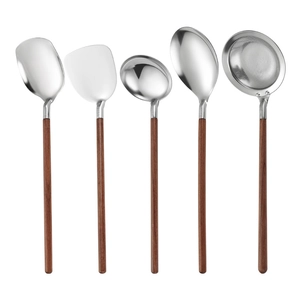 5-piece SUS 304 stainless steel kitchen utensil set with ergonomic walnut wood handles