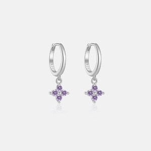 Close-up of S925 sterling silver stamp on the hoop of a purple flower drop earring