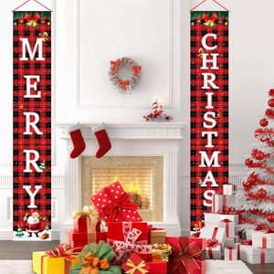 Red and black buffalo plaid Christmas porch banners with Santa Claus and festive decor