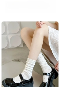 Detail of white ruffle trim and diamond knit texture on sweet style mid-calf socks