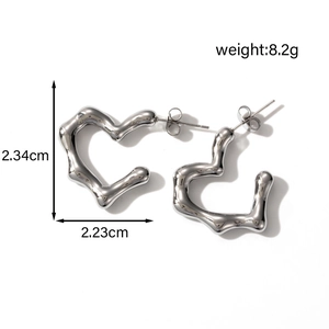 Polished heart shaped stainless steel hoop earrings with size and weight measurements