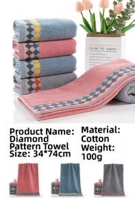 Detail of 100g cotton face towel with diamond pattern trim measuring 34x74cm