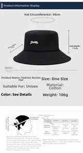 Size chart for Seattle cotton bucket hat with 58cm circumference and 8cm brim dimensions
