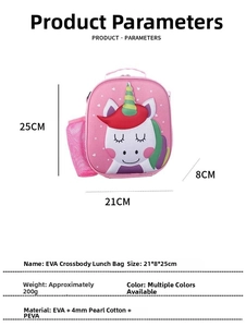 Pink unicorn EVA kids lunch bag with 21x8x25cm size specs and waterproof material detail