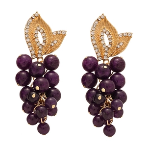 Élégantes boucles d'oreilles grappe de raisin dorées avec strass et perles violettes